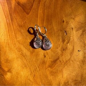 Silver Teardrop Dangle Earrings with Purple Gem Inlay